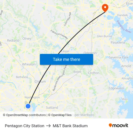 Pentagon City Station, Pentagon City Station, 1250 S Hayes St, Arlington, VA 22202, USA to M&T Bank Stadium map