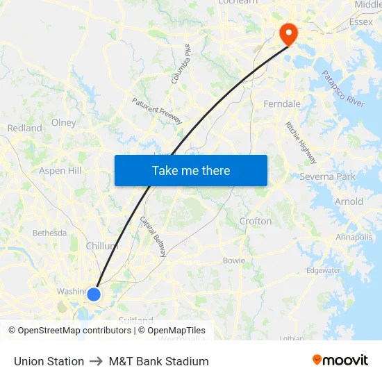 Union Station to M&T Bank Stadium map