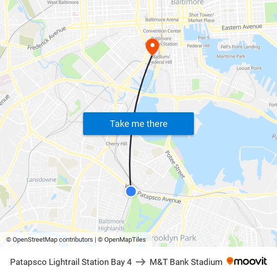 Patapsco Lightrail Station Bay 4 to M&T Bank Stadium map