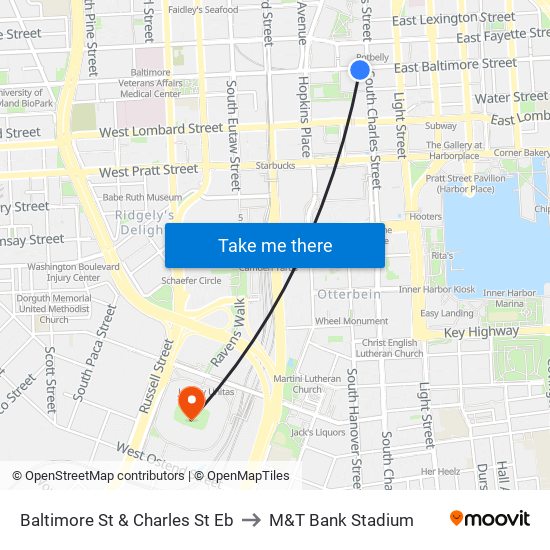 Baltimore St & Charles St Eb to M&T Bank Stadium map