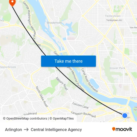 Arlington to Central Intelligence Agency map