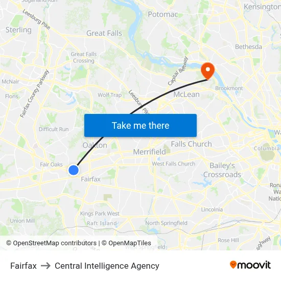 Fairfax to Central Intelligence Agency map