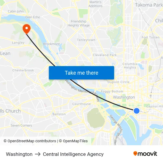 Washington to Central Intelligence Agency map
