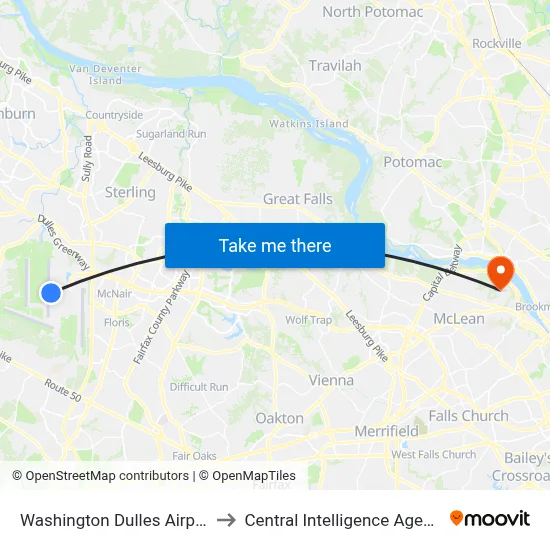 Washington Dulles Airport to Central Intelligence Agency map