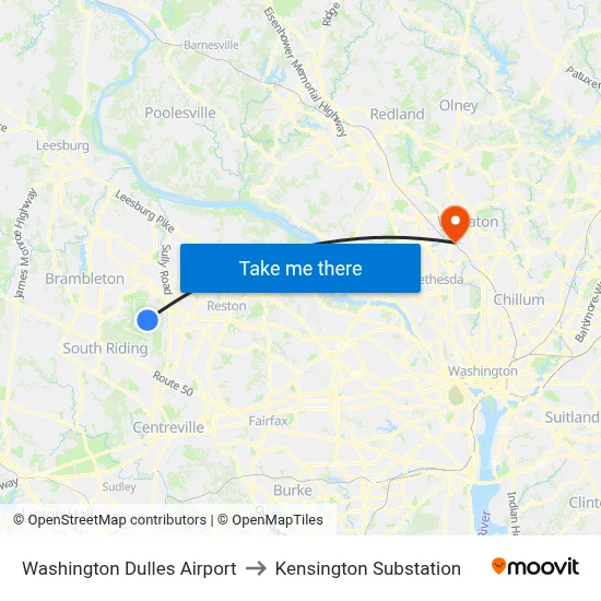 Washington Dulles Airport to Kensington Substation map
