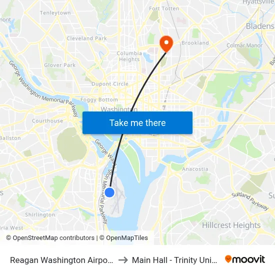 Reagan Washington Airport DCA to Main Hall - Trinity University map