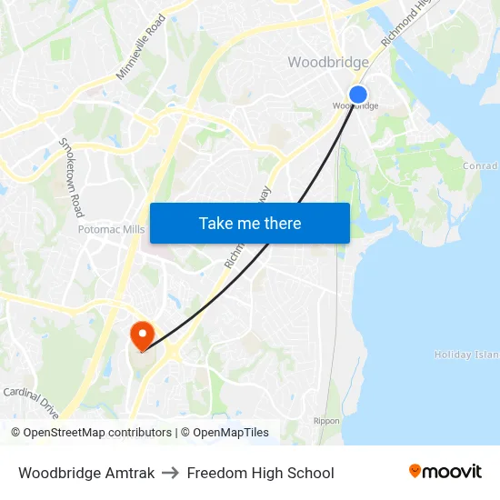Woodbridge Amtrak to Freedom High School map
