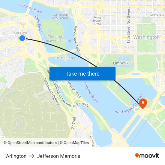 Arlington to Jefferson Memorial map