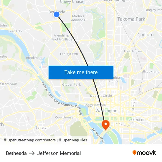 Bethesda to Jefferson Memorial map