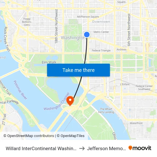 Willard InterContinental Washington to Jefferson Memorial map