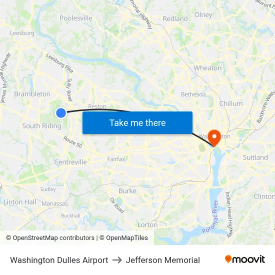 Washington Dulles Airport to Jefferson Memorial map
