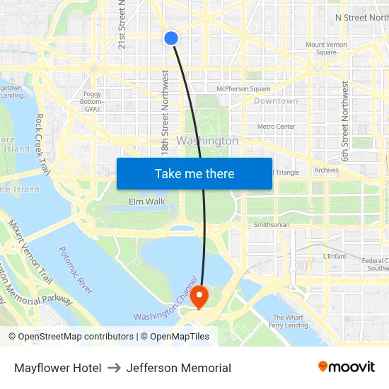 Mayflower Hotel to Jefferson Memorial map