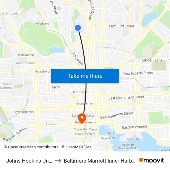 Johns Hopkins University Olin to Baltimore Marriott Inner Harbor Camden Yards map