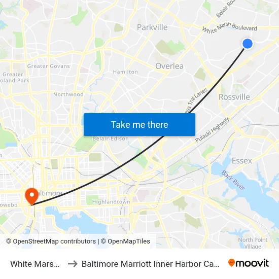 White Marsh Mall to Baltimore Marriott Inner Harbor Camden Yards map