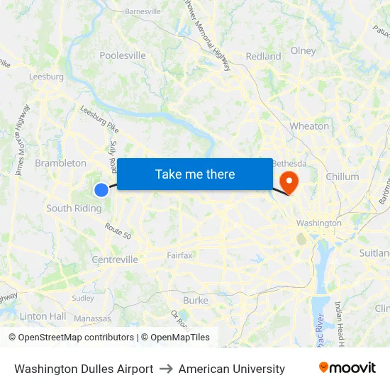 Washington Dulles Airport to American University map