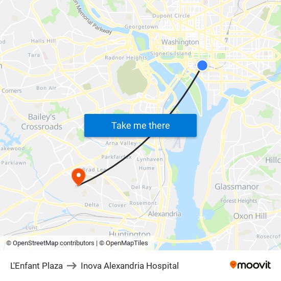 L'Enfant Plaza to Inova Alexandria Hospital map