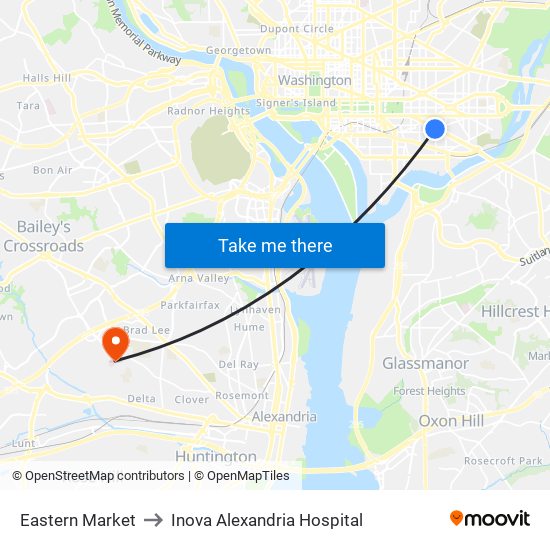 Eastern Market to Inova Alexandria Hospital map