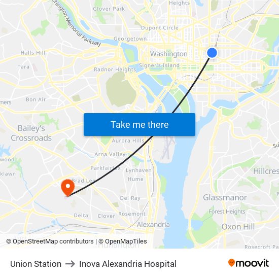 Union Station to Inova Alexandria Hospital map