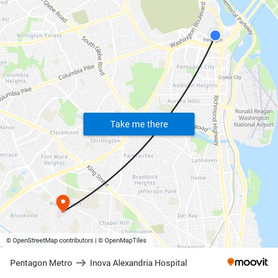 Pentagon Metro to Inova Alexandria Hospital map