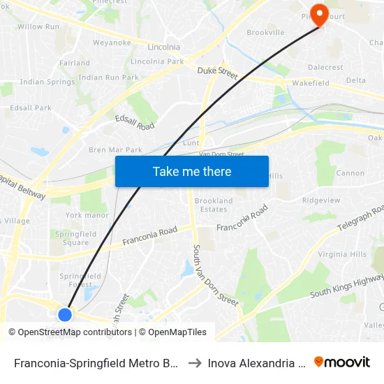 Franconia-Springfield Metro Bus Route 301 to Inova Alexandria Hospital map