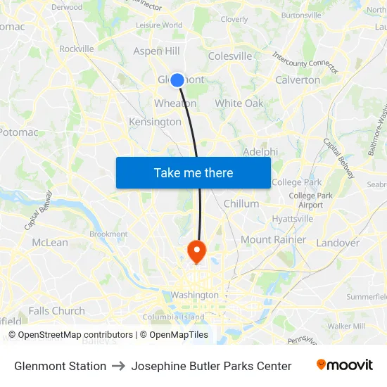 Glenmont Station to Josephine Butler Parks Center map