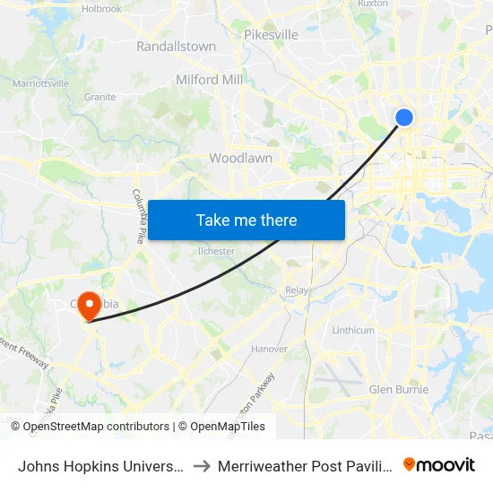 Johns Hopkins University to Merriweather Post Pavilion map