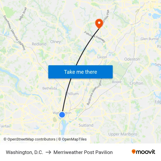 Washington, D.C. to Merriweather Post Pavilion map