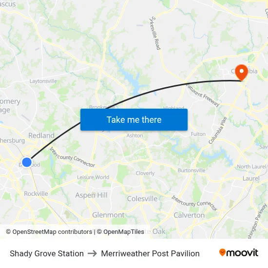 Shady Grove Station to Merriweather Post Pavilion map