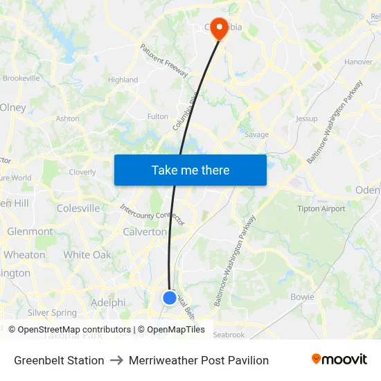 Greenbelt Station to Merriweather Post Pavilion map