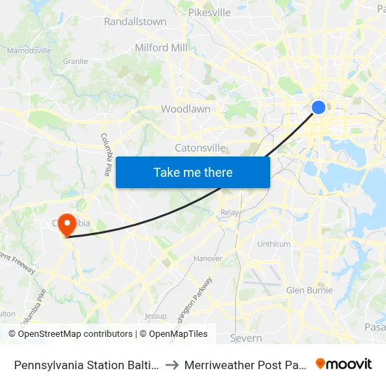 Pennsylvania Station Baltimore to Merriweather Post Pavilion map