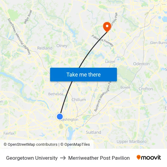 Georgetown University to Merriweather Post Pavilion map