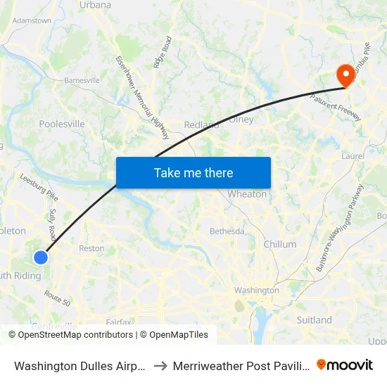 Washington Dulles Airport to Merriweather Post Pavilion map
