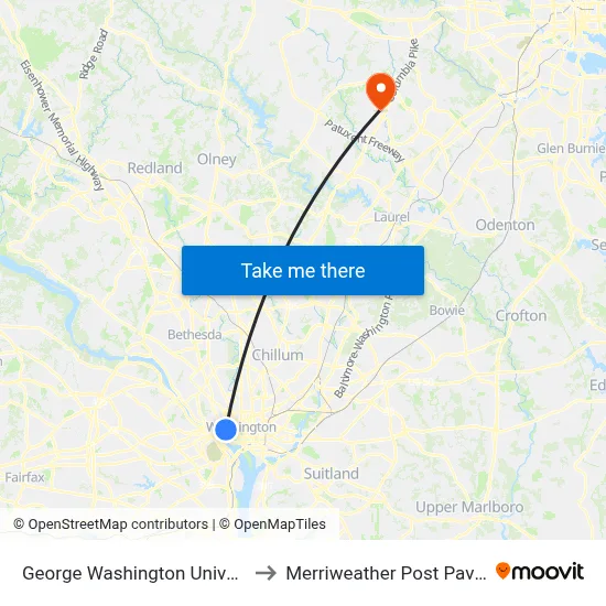 George Washington University to Merriweather Post Pavilion map