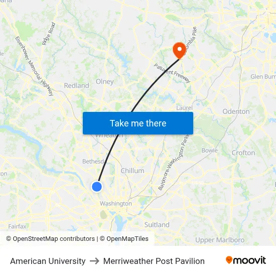 American University to Merriweather Post Pavilion map