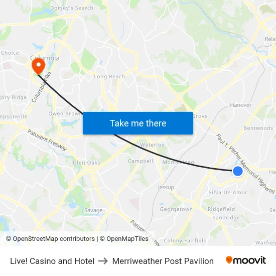 Live! Casino and Hotel to Merriweather Post Pavilion map