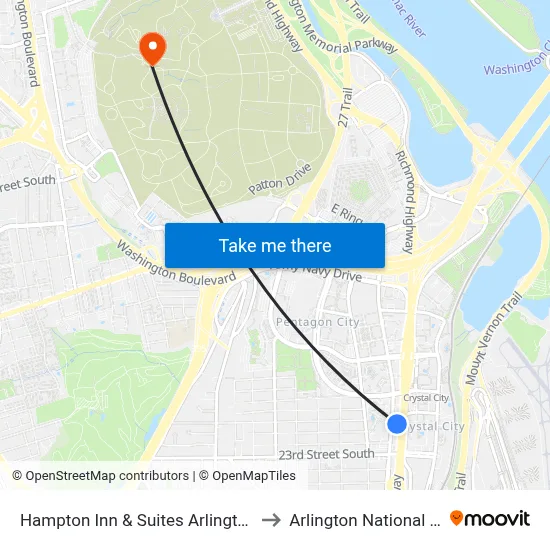 Hampton Inn & Suites Arlington Crystal City to Arlington National Cemetery map