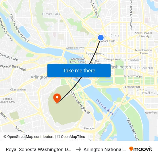Royal Sonesta Washington Dc Dupont Circle to Arlington National Cemetery map