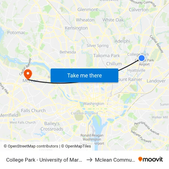College Park - University of Maryland Metro Station to Mclean Community Center map