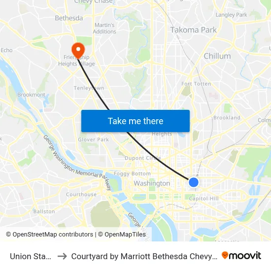Union Station to Courtyard by Marriott Bethesda Chevy Chase map