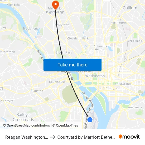 Reagan Washington Airport DCA to Courtyard by Marriott Bethesda Chevy Chase map