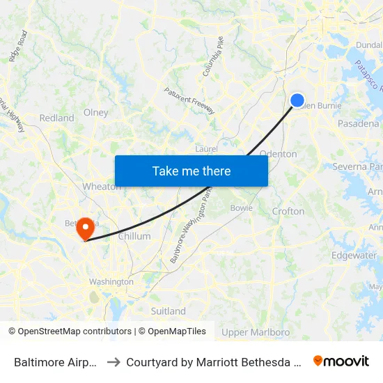 Baltimore Airport BWI to Courtyard by Marriott Bethesda Chevy Chase map