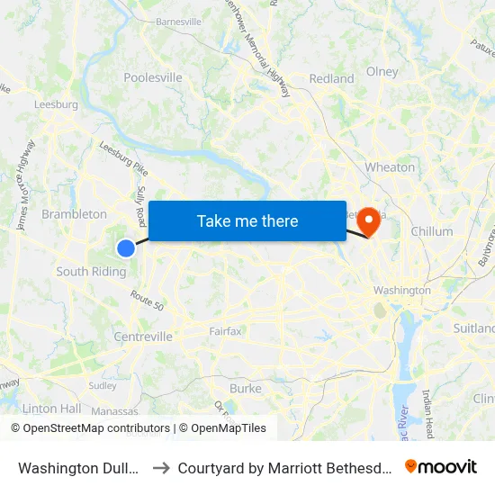 Washington Dulles Airport to Courtyard by Marriott Bethesda Chevy Chase map