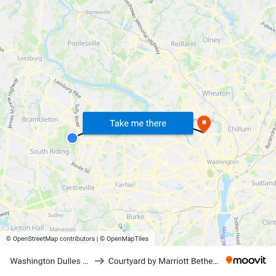 Washington Dulles Airport (IAD) to Courtyard by Marriott Bethesda Chevy Chase map