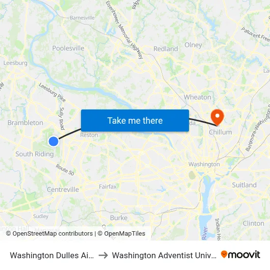 Washington Dulles Airport to Washington Adventist University map