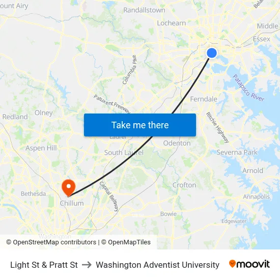 Light St & Pratt St to Washington Adventist University map