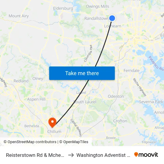 Reisterstown Rd & Mchenry Ave Sb to Washington Adventist University map