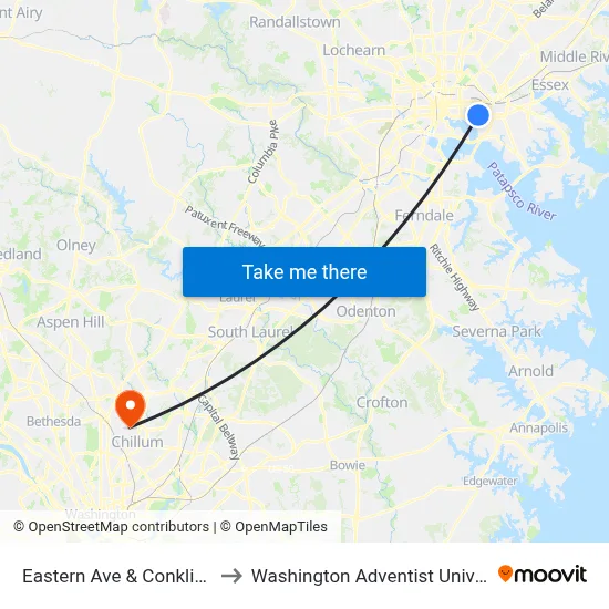 Eastern Ave & Conkling St to Washington Adventist University map