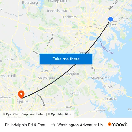 Philadelphia Rd & Fontana Ln to Washington Adventist University map
