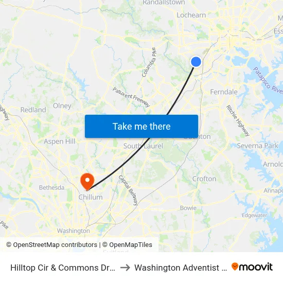 Hilltop Cir & Commons Dr (Umbc) Sb to Washington Adventist University map