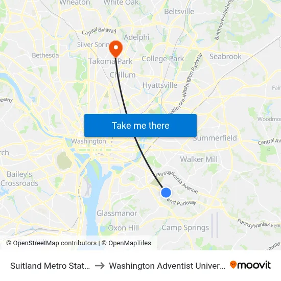 Suitland Metro Station to Washington Adventist University map